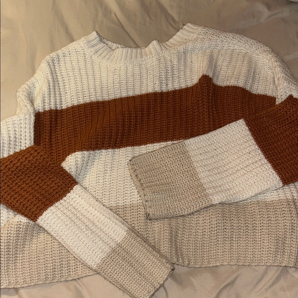 moon & madison Striped Knit Sweater - White, Brown, and Tan